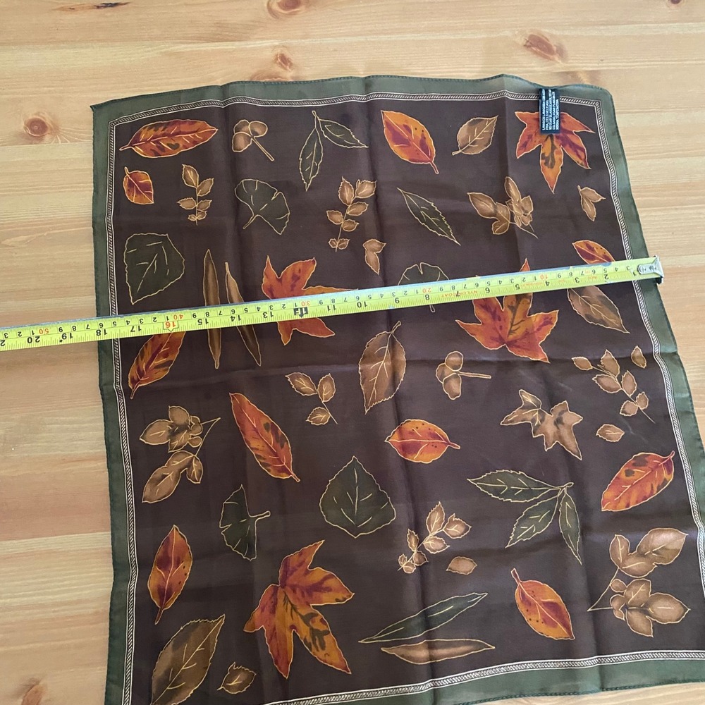 Vintage Brown Green Fall Leaf Print Square Polyester Scarf Small - Picture 8 of 12